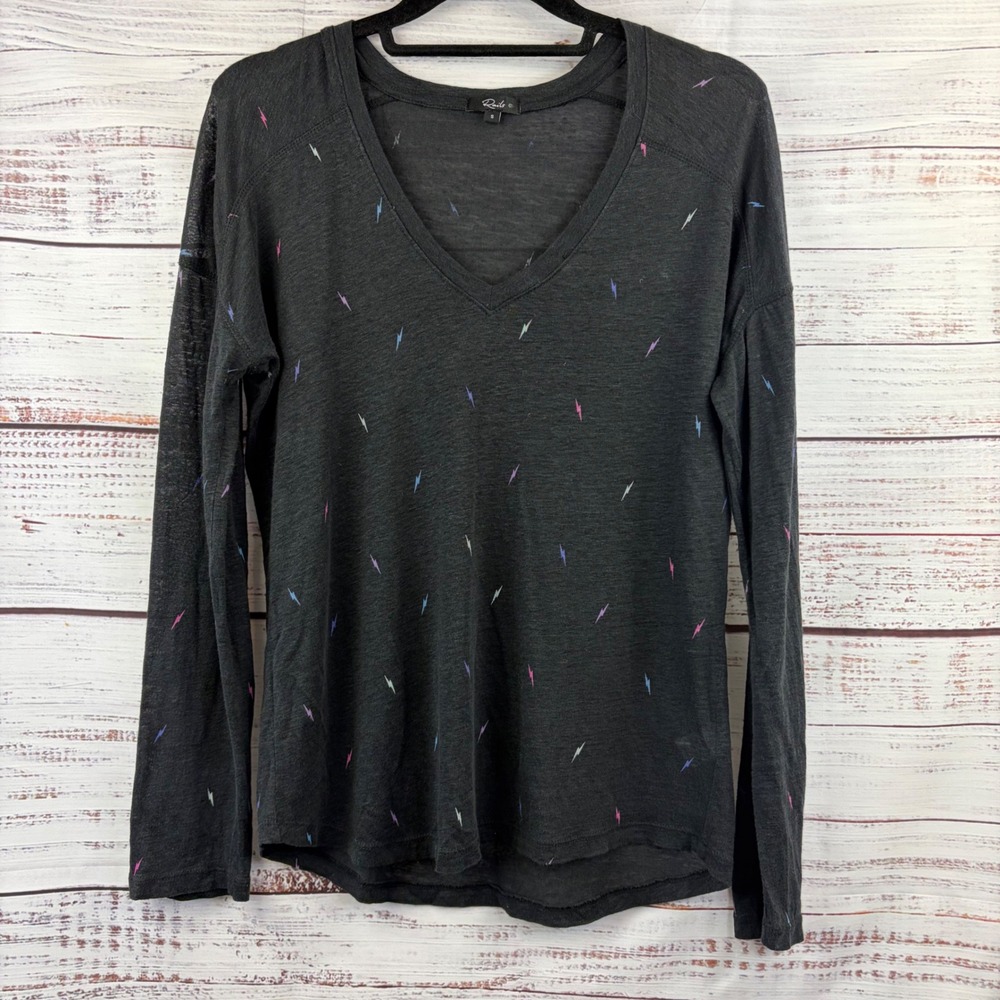 Rails Sami Black Multi Lightning Bolt Linen Blend V-Neck Long Sleeve Top Small